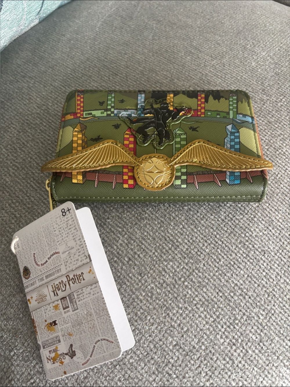 Loungefly Green Quidditch Zip Wallet with Gold Wing Emblem
